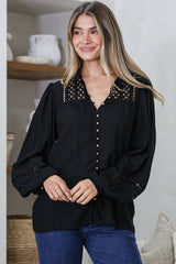 Milano Blouse - Mandarin Collar Button Down with Delicate Lace Cut-Out Detailing in Black