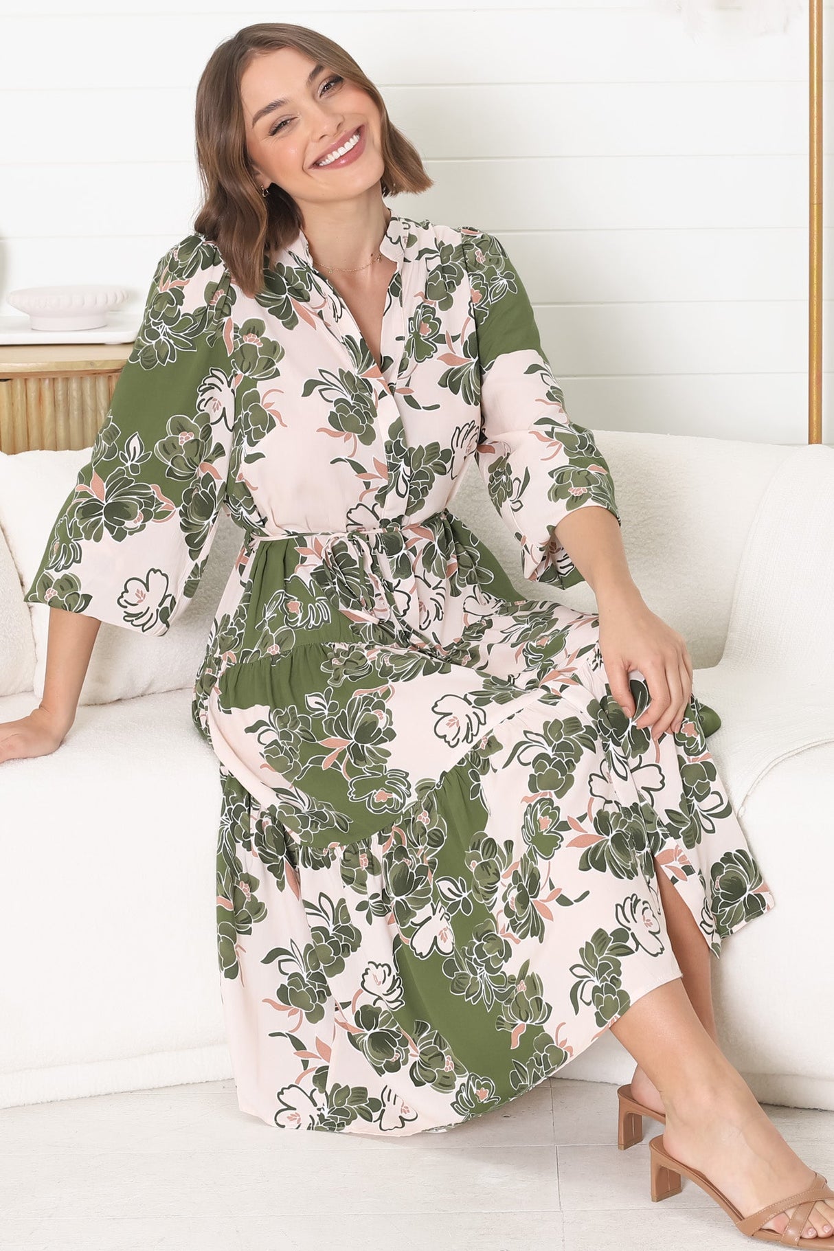 Milie Midi Dress - Mandarin Collar Button Down Dress With Belt In Dora Print Green