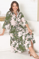 Milie Midi Dress - Mandarin Collar Button Down Dress With Belt In Dora Print Green