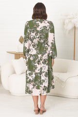 Milie Midi Dress - Mandarin Collar Button Down Dress With Belt In Dora Print Green