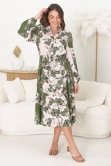 Milie Midi Dress - Mandarin Collar Button Down Dress With Belt In Dora Print Green