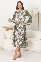 Milie Midi Dress - Mandarin Collar Button Down Dress With Belt In Dora Print Green