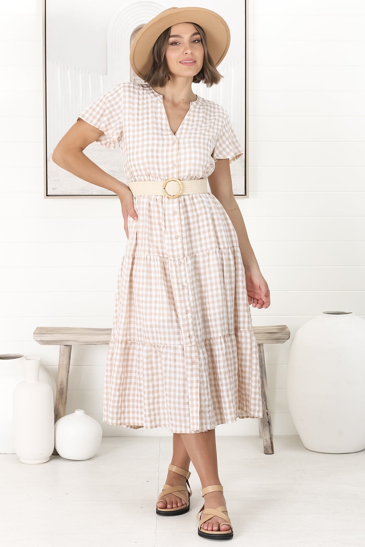 Milla Midi Dress - Tiered Button Down Dress in Gingham Mistee Print Beige