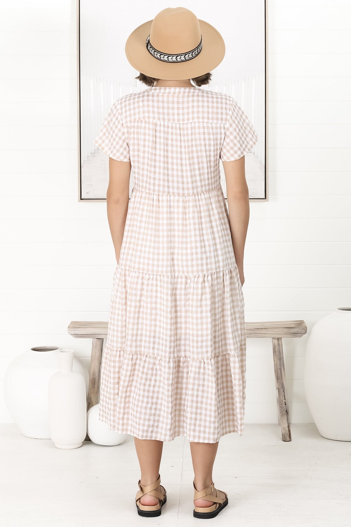 Milla Midi Dress - Tiered Button Down Dress in Gingham Mistee Print Beige