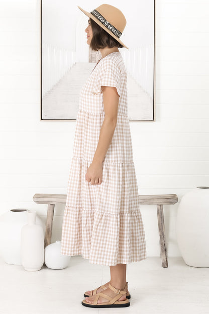 Milla Midi Dress - Tiered Button Down Dress in Gingham Mistee Print Beige