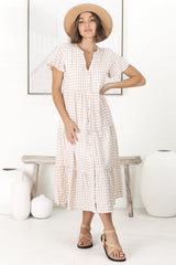 Milla Midi Dress - Tiered Button Down Dress in Gingham Mistee Print Beige