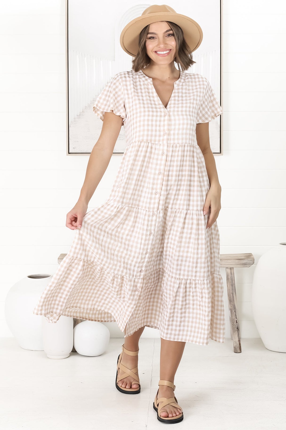 Milla Midi Dress - Tiered Button Down Dress in Gingham Mistee Print Beige