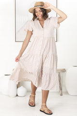 Milla Midi Dress - Tiered Button Down Dress in Gingham Mistee Print Beige