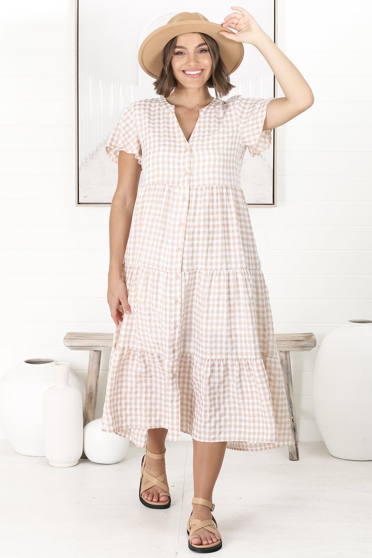 Milla Midi Dress - Tiered Button Down Dress in Gingham Mistee Print Beige