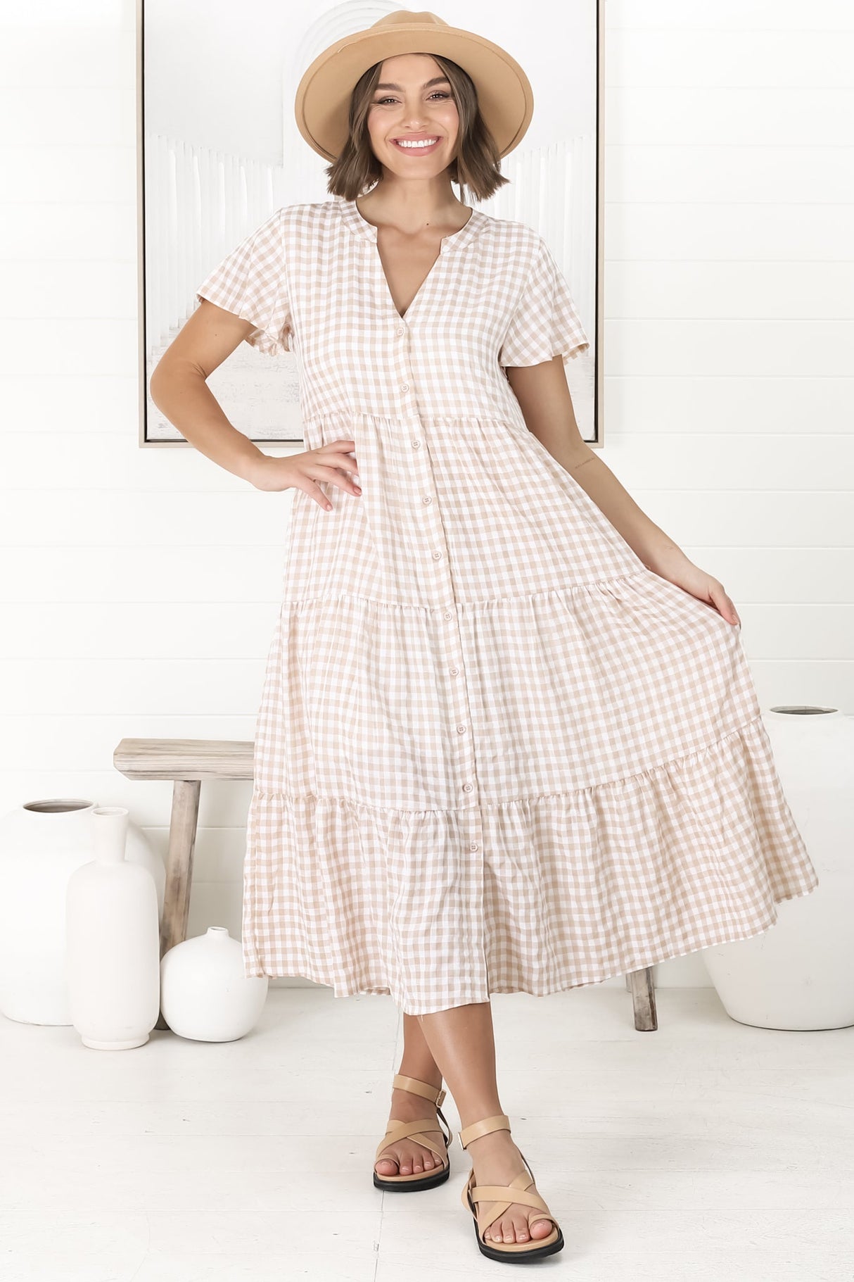 Milla Midi Dress - Tiered Button Down Dress in Gingham Mistee Print Beige