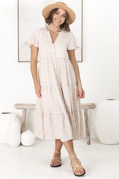 Milla Midi Dress - Tiered Button Down Dress in Gingham Mistee Print Beige