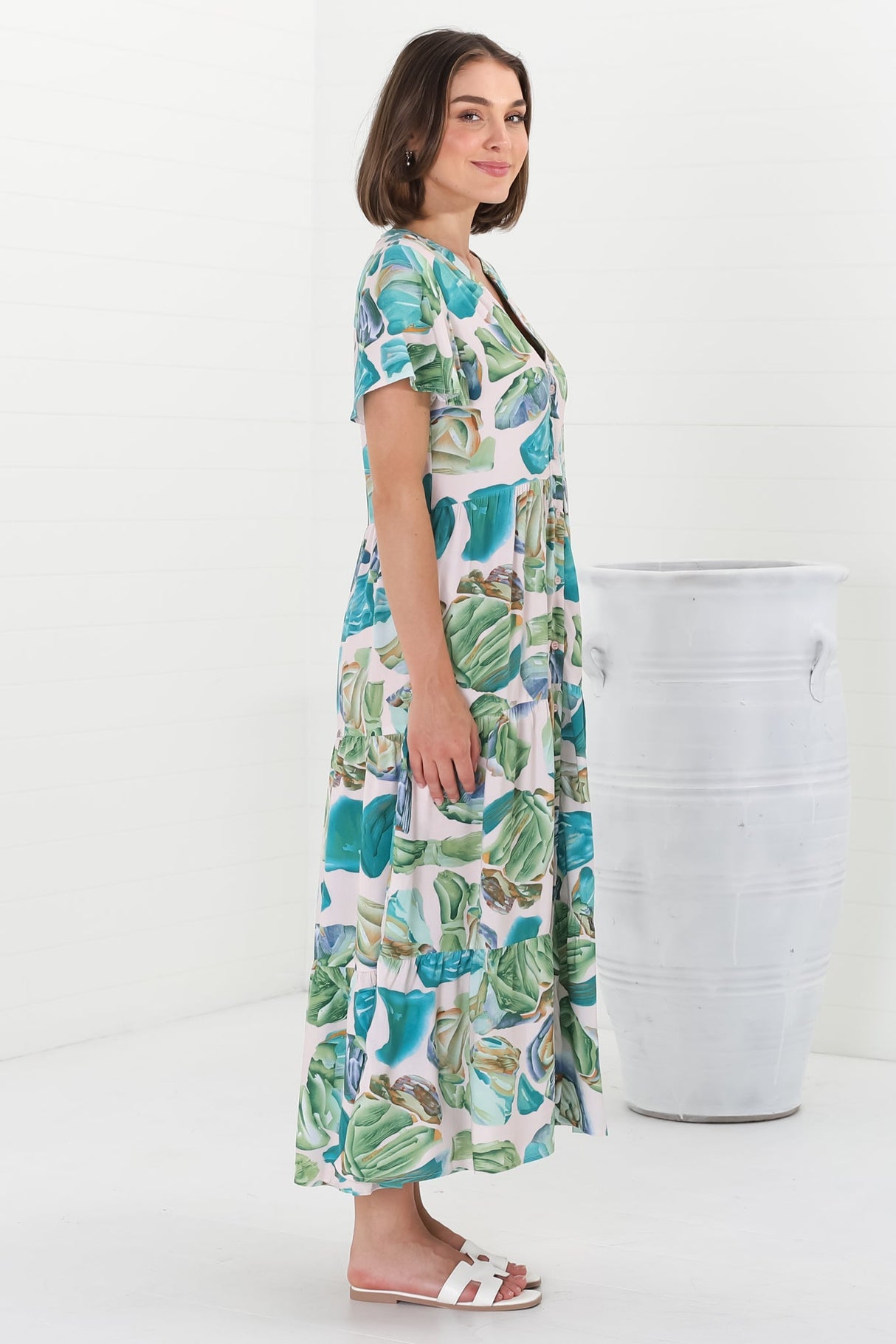 Milla Midi Dress - Tiered Button Down Dress in Adelita Print Green