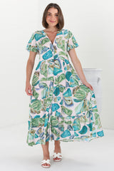 Milla Midi Dress - Tiered Button Down Dress in Adelita Print Green