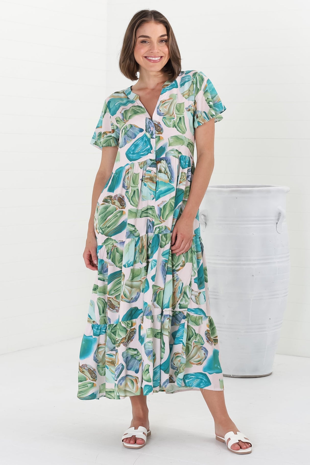 Milla Midi Dress - Tiered Button Down Dress in Adelita Print Green