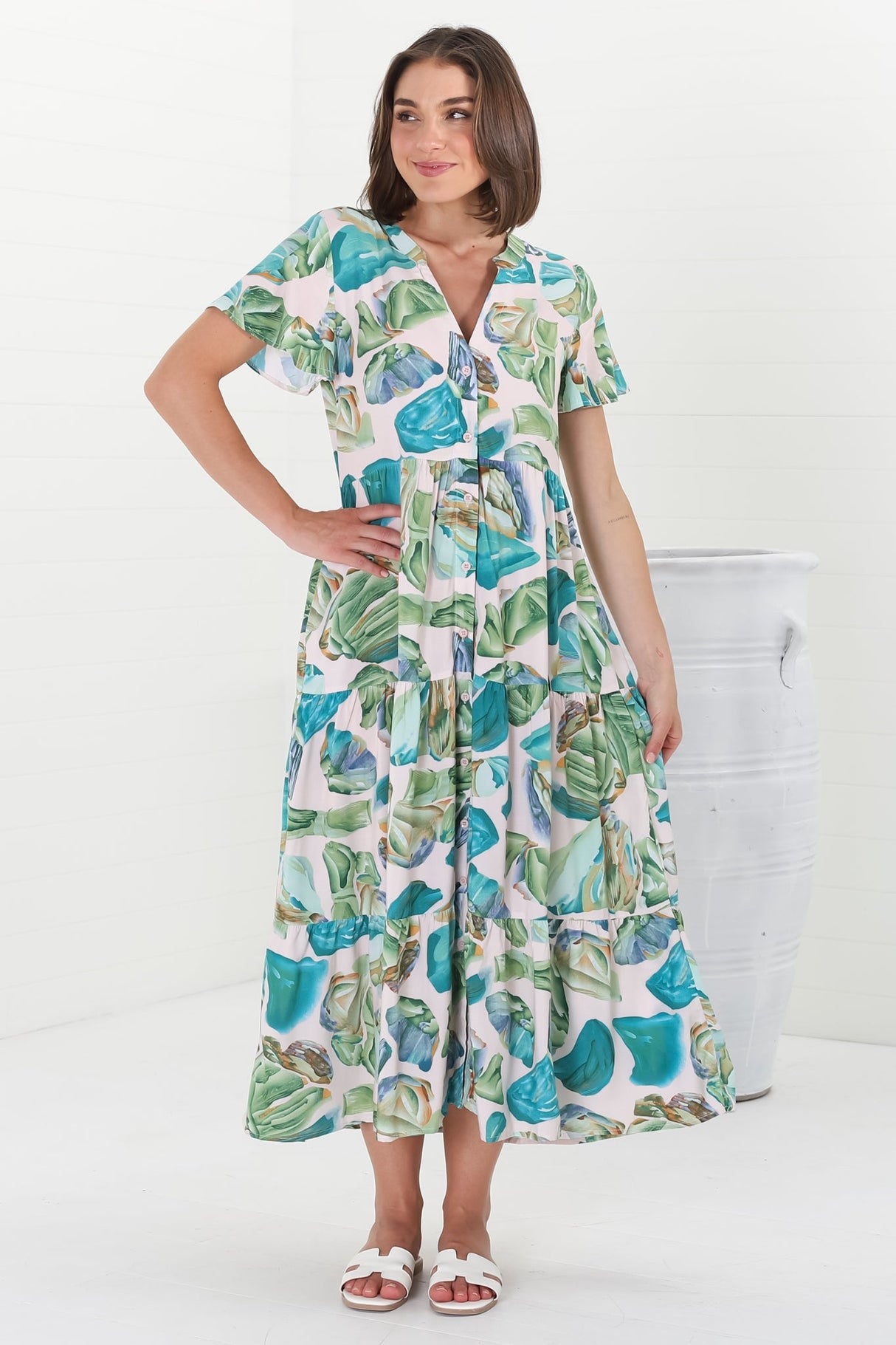 Milla Midi Dress - Tiered Button Down Dress in Adelita Print Green