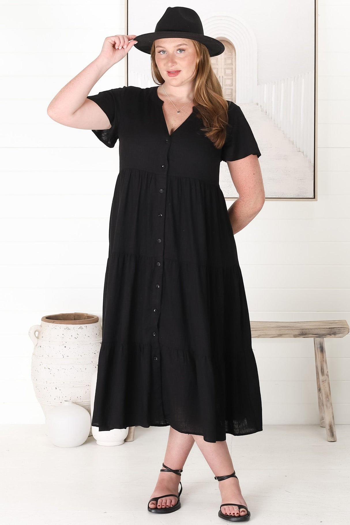 Milla Midi Dress - Tiered Cap Sleeve Button Down Linen Dress in Black