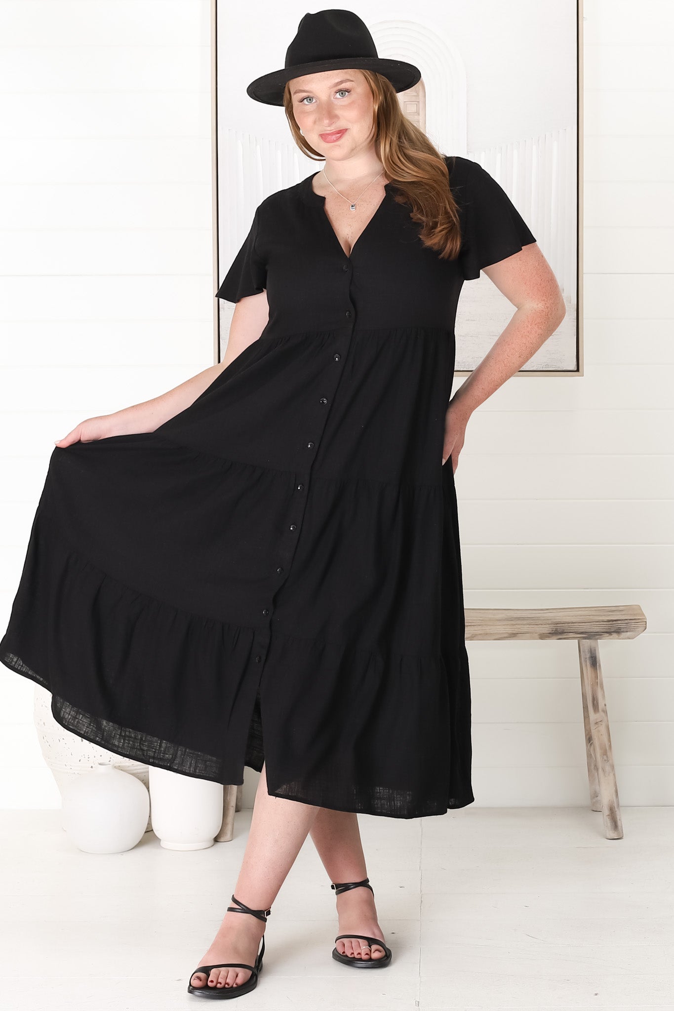 Milla Midi Dress - Tiered Cap Sleeve Button Down Linen Dress in Black