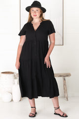 Milla Midi Dress - Tiered Cap Sleeve Button Down Linen Dress in Black