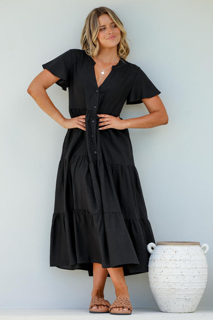 Milla Midi Dress - Tiered Cap Sleeve Button Down Linen Dress in Black