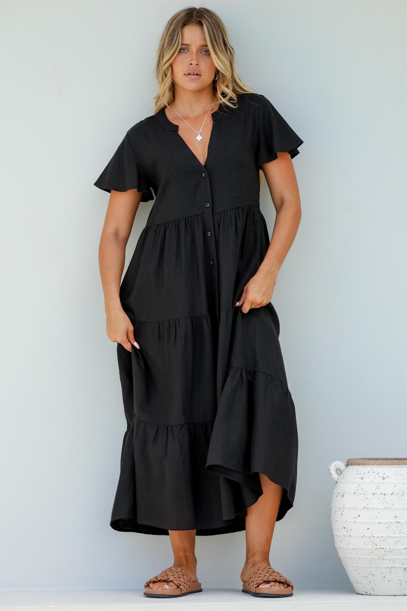 Milla Midi Dress - Tiered Cap Sleeve Button Down Linen Dress in Black