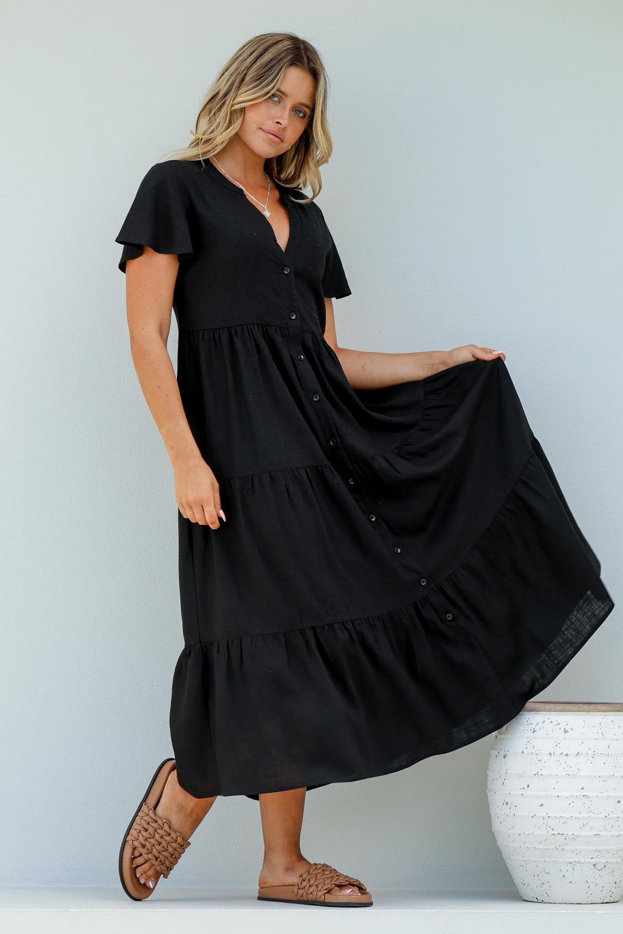 Milla Midi Dress - Tiered Cap Sleeve Button Down Linen Dress in Black