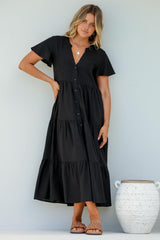 Milla Midi Dress - Tiered Cap Sleeve Button Down Linen Dress in Black