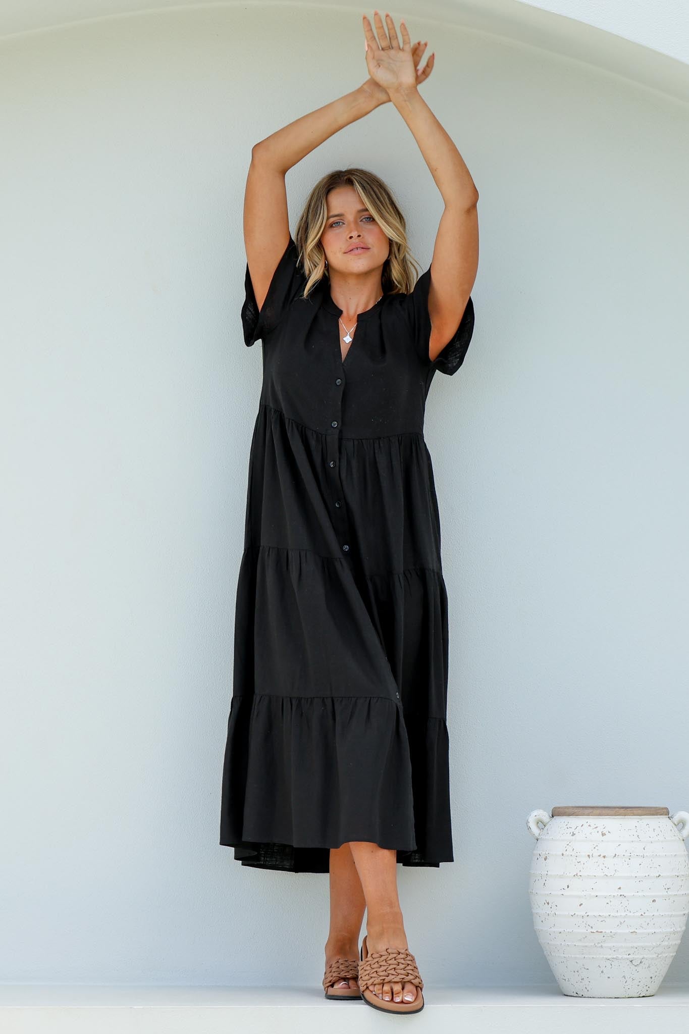 Milla Midi Dress - Tiered Cap Sleeve Button Down Linen Dress in Black