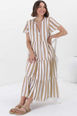 Milla Midi Dress - Tiered Button Down Dress in Gaubi Print Beige