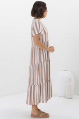 Milla Midi Dress - Tiered Button Down Dress in Gaubi Print Beige