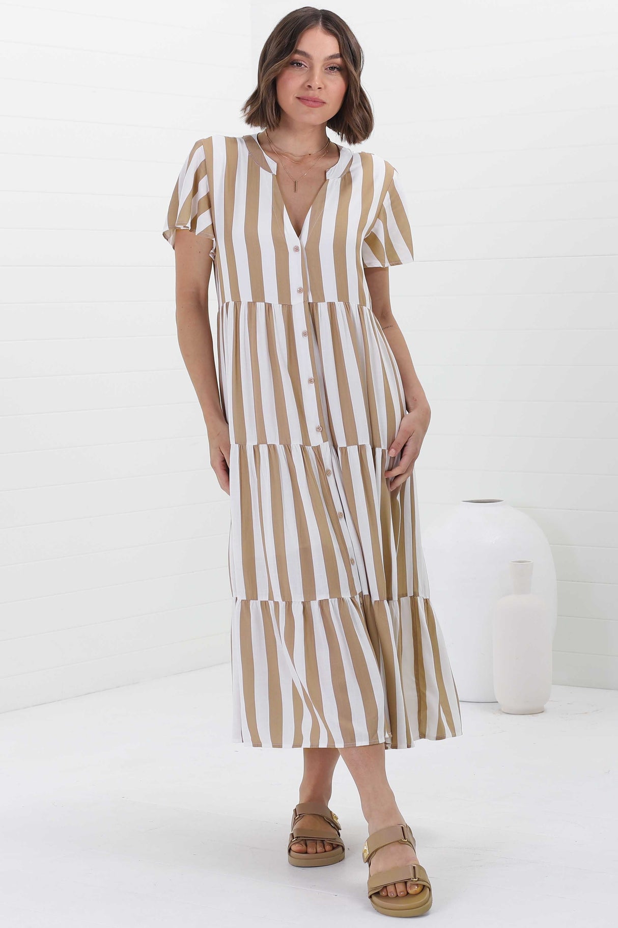 Milla Midi Dress - Tiered Button Down Dress in Gaubi Print Beige