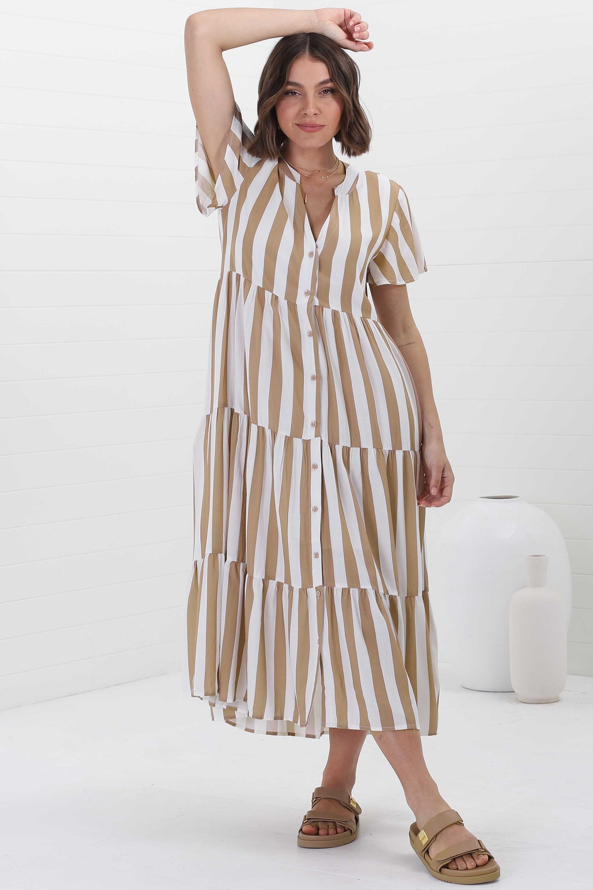 Milla Midi Dress - Tiered Button Down Dress in Gaubi Print Beige