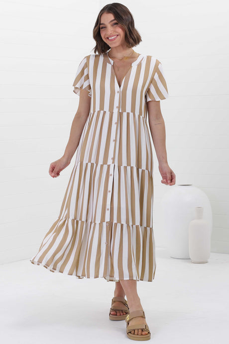 Milla Midi Dress - Tiered Button Down Dress in Gaubi Print Beige