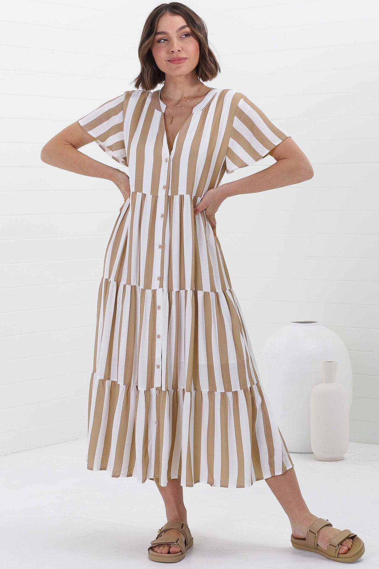 Milla Midi Dress - Tiered Button Down Dress in Gaubi Print Beige