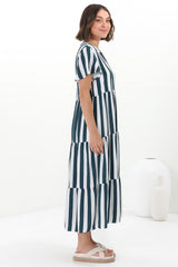 Milla Midi Dress - Tiered Button Down Dress in Gaubi Print Blue