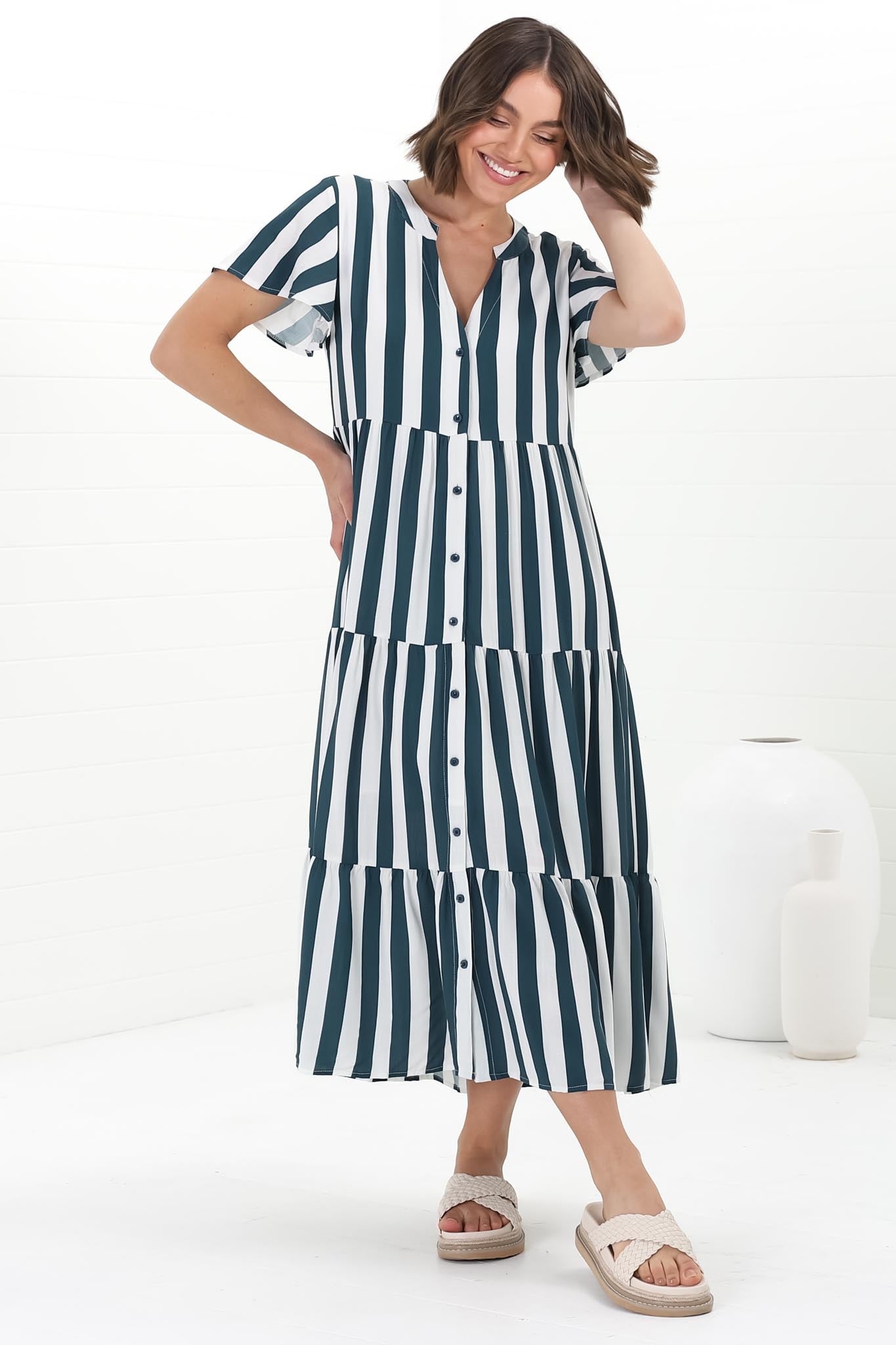 Milla Midi Dress - Tiered Button Down Dress in Gaubi Print Blue