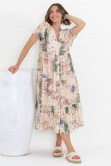 Milla Midi Dress - Tiered Button Down Dress in Irina Print Beige