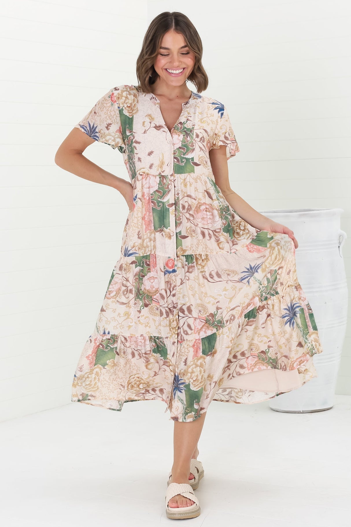 Milla Midi Dress - Tiered Button Down Dress in Irina Print Beige