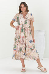 Milla Midi Dress - Tiered Button Down Dress in Irina Print Beige