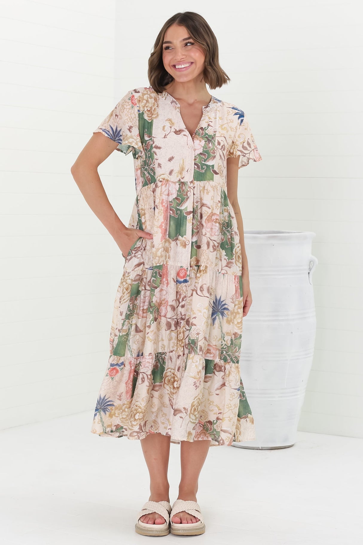 Milla Midi Dress - Tiered Button Down Dress in Irina Print Beige