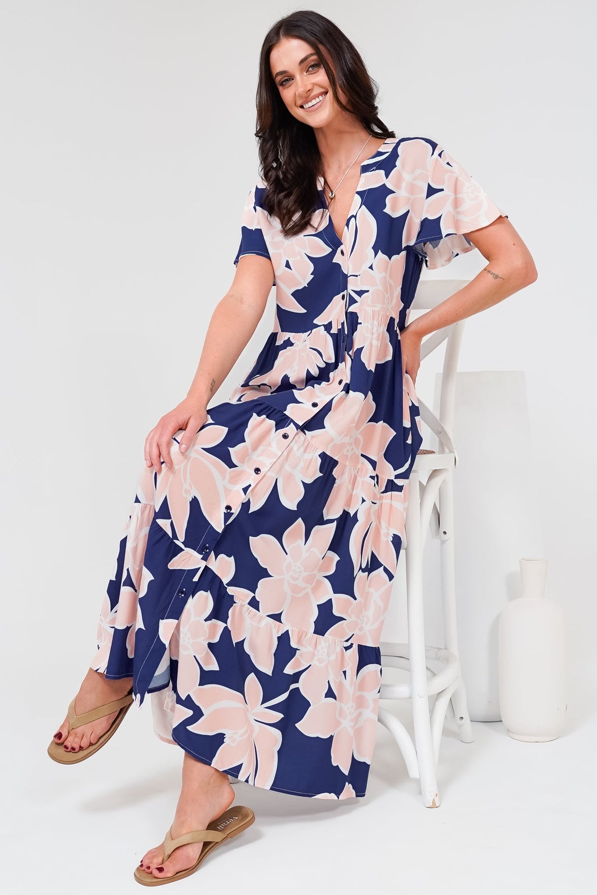 Milla Midi Dress - Tiered Button Down Dress in Jetson Print Navy