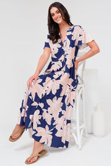 Milla Midi Dress - Tiered Button Down Dress in Jetson Print Navy