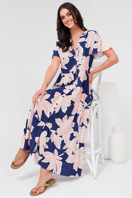 Milla Midi Dress - Tiered Button Down Dress in Jetson Print Navy