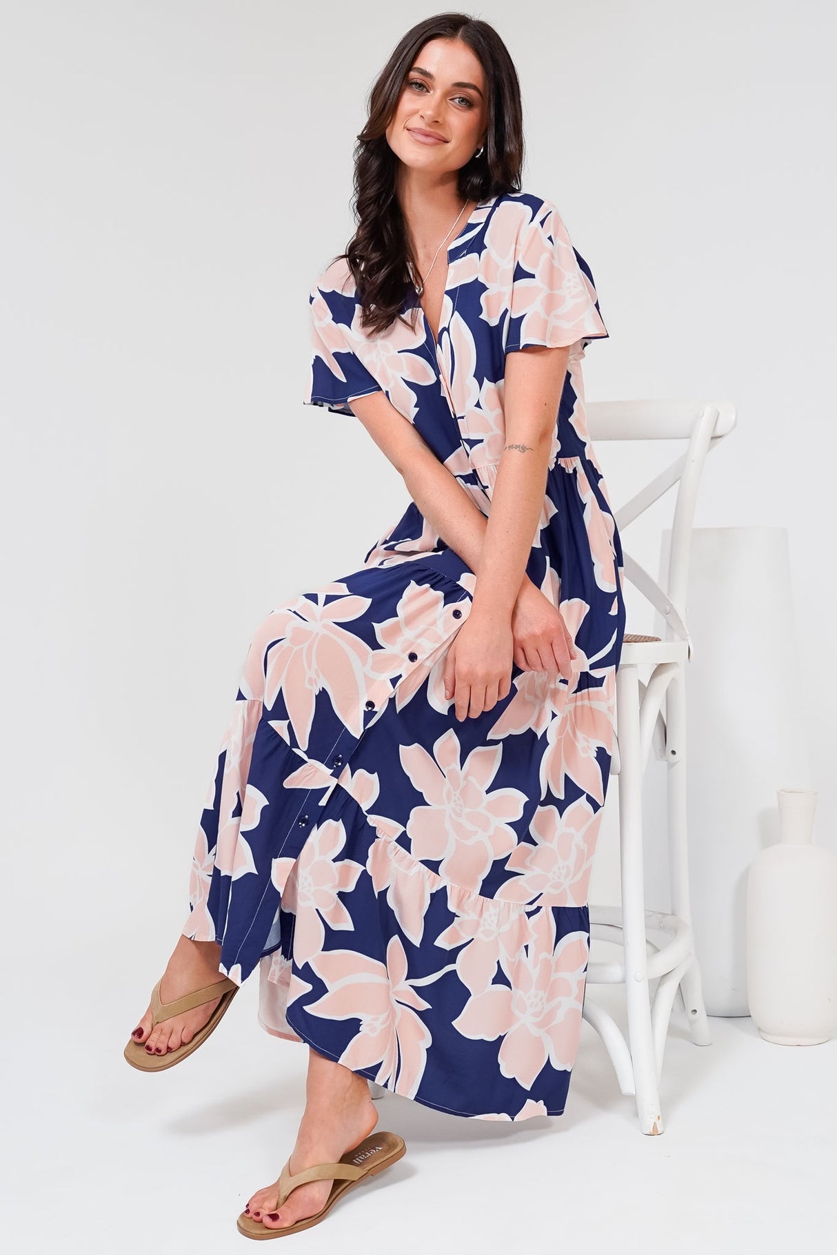 Milla Midi Dress - Tiered Button Down Dress in Jetson Print Navy