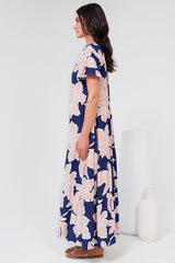 Milla Midi Dress - Tiered Button Down Dress in Jetson Print Navy