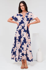 Milla Midi Dress - Tiered Button Down Dress in Jetson Print Navy