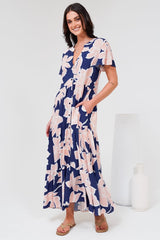 Milla Midi Dress - Tiered Button Down Dress in Jetson Print Navy