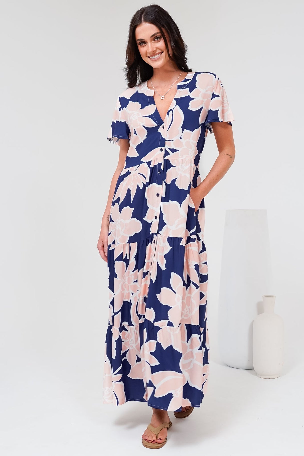 Milla Midi Dress - Tiered Button Down Dress in Jetson Print Navy