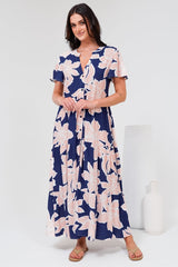 Milla Midi Dress - Tiered Button Down Dress in Jetson Print Navy