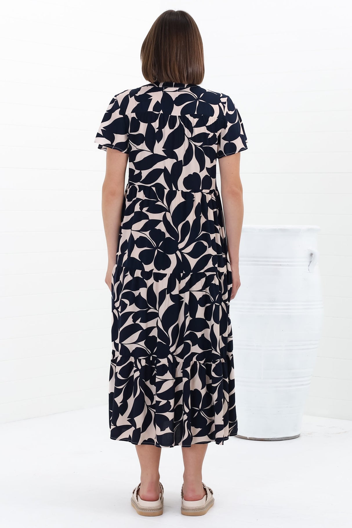 Milla Midi Dress - Tiered Button Down Dress in Kiera Print Navy