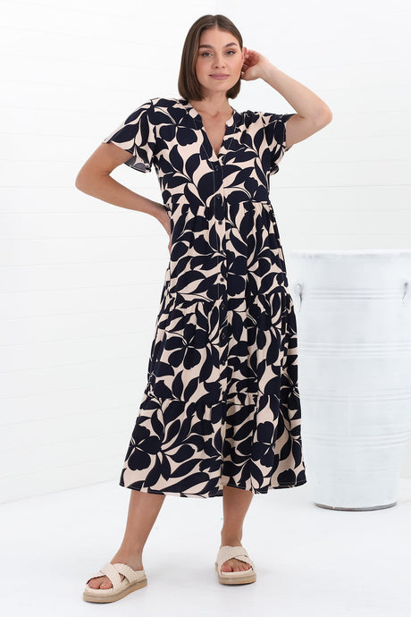 Milla Midi Dress - Tiered Button Down Dress in Kiera Print Navy